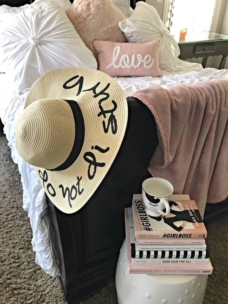 decorator book stack, pink & black, girlboss, do not disturb hat