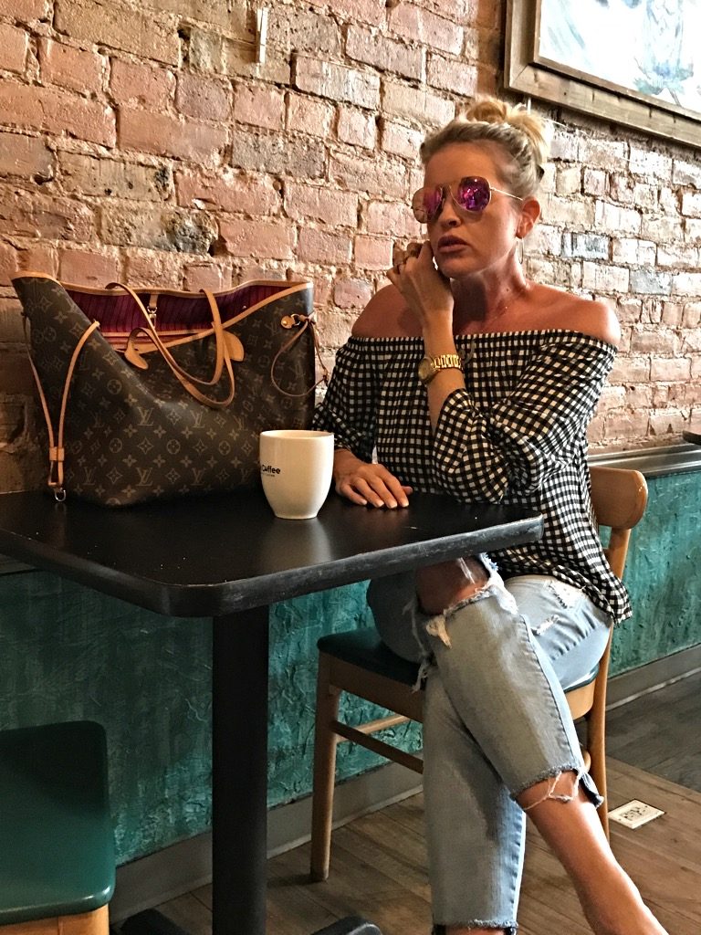 Monday Motivation, Gingham, wedges and distressed denim outfit