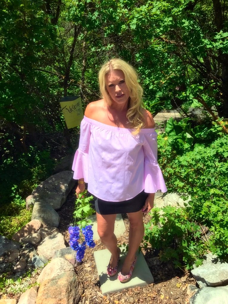 pink strip ticking off the should shirt with bell sleeve, denim mini skirt, super affordable 