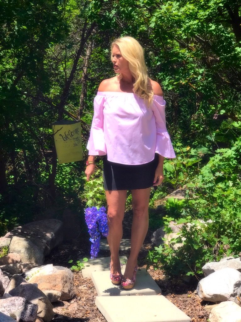 pink strip ticking off the should shirt with bell sleeve, denim mini skirt, super affordable 