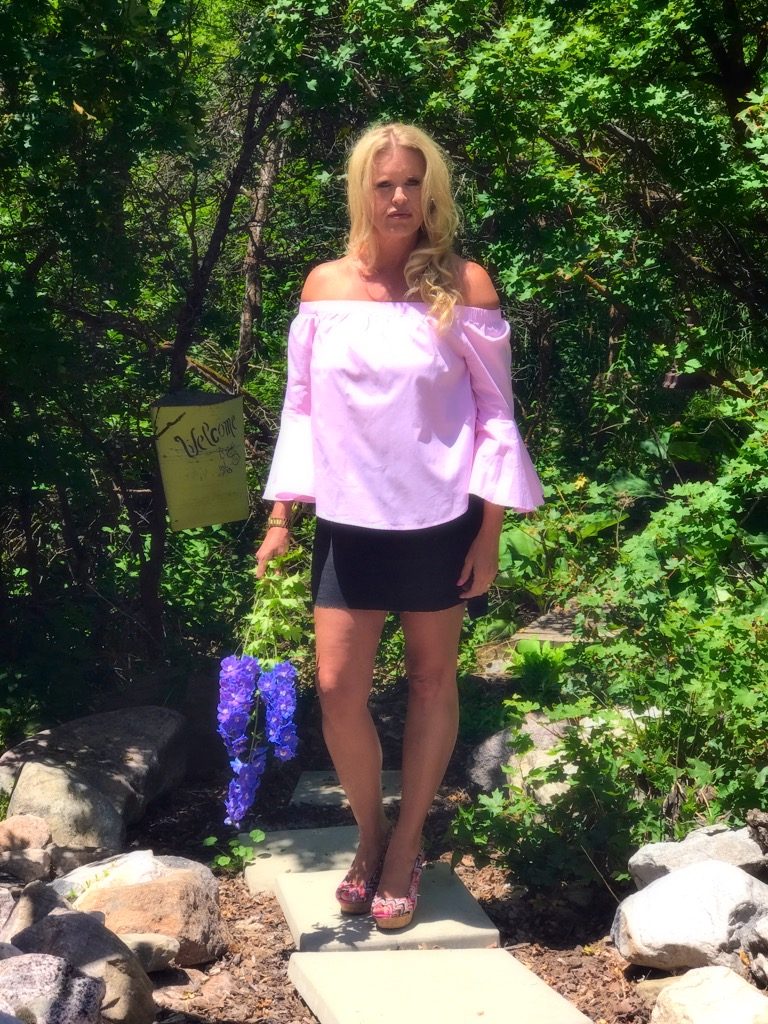 pink strip ticking off the should shirt with bell sleeve, denim mini skirt, super affordable 