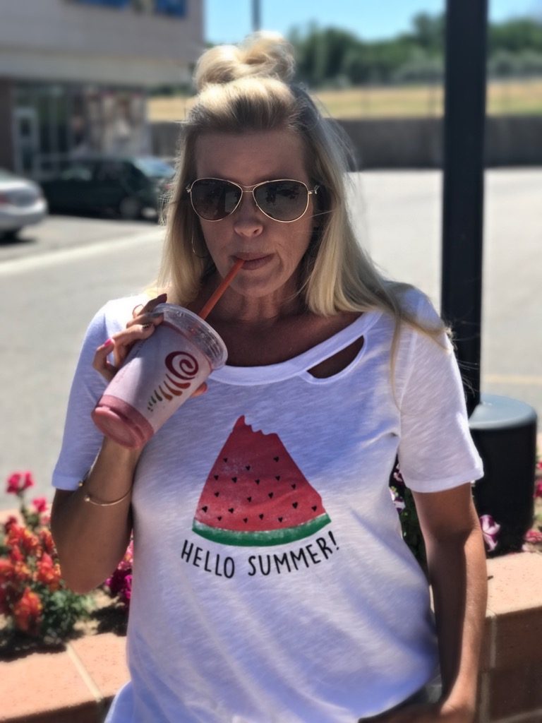 Hello Summer tee, Jamba Juice watermelon smoothie